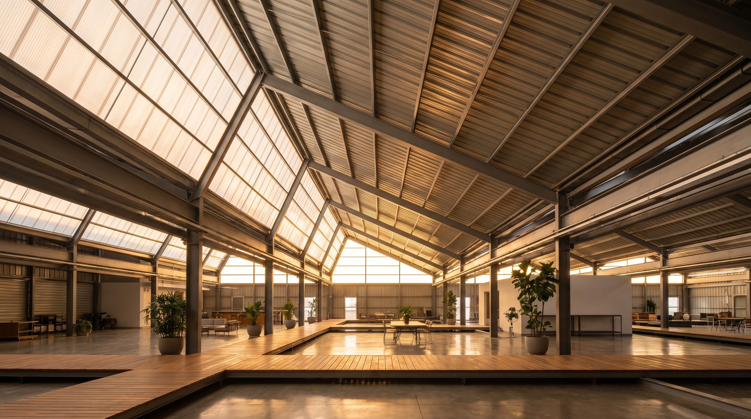 Standing seam polycarbonate roof system with natural light in industrial building